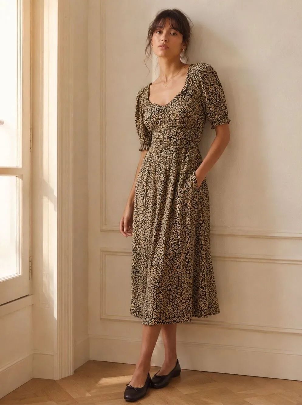 GAP Floral Smocked Puff Sleeve Midi Dress Black Khaki Ditsy Print Pockets NWT XS